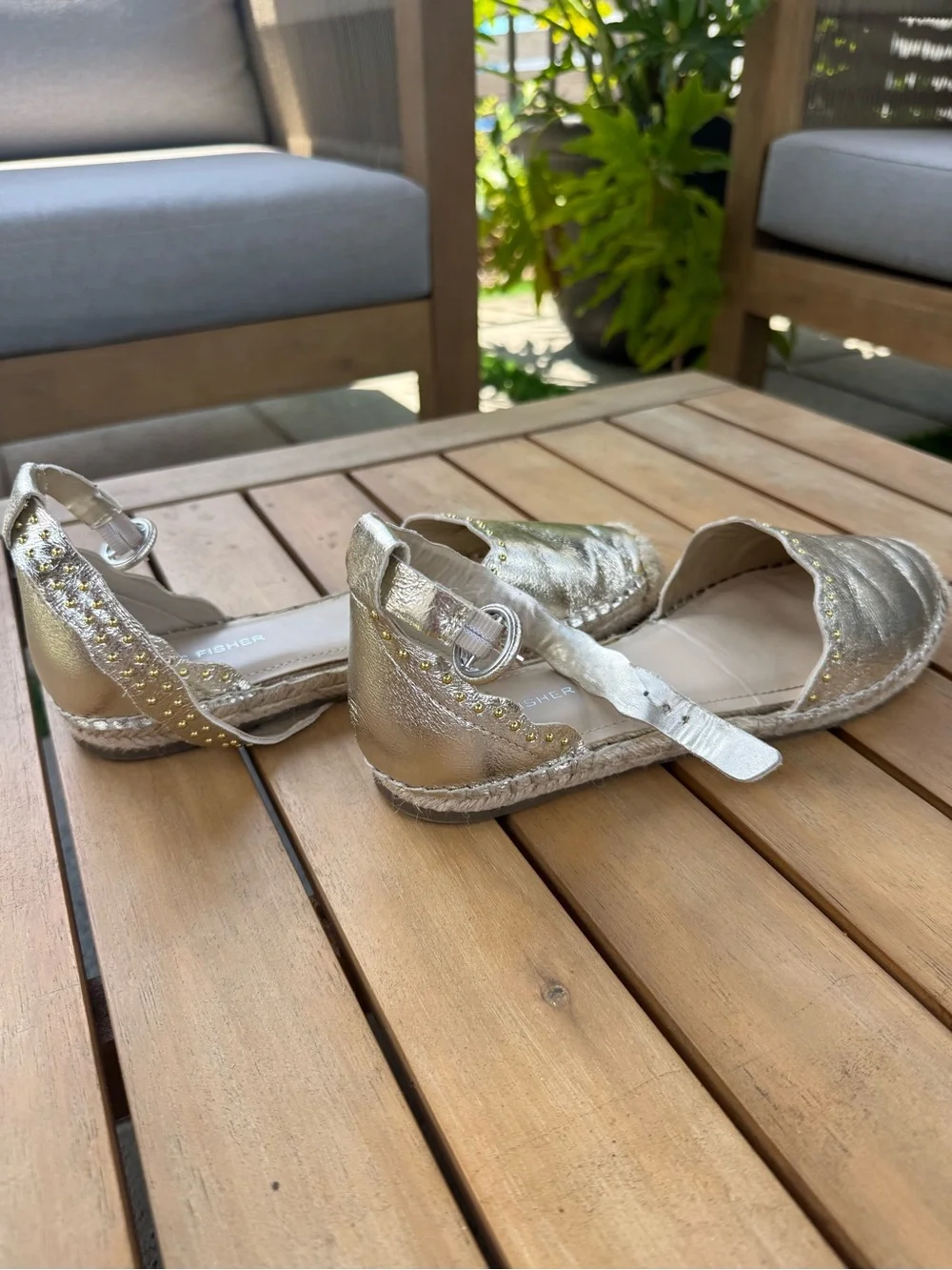 Marc Fisher Gold Metallic Scalloped Ankle-Strap Espadrilles